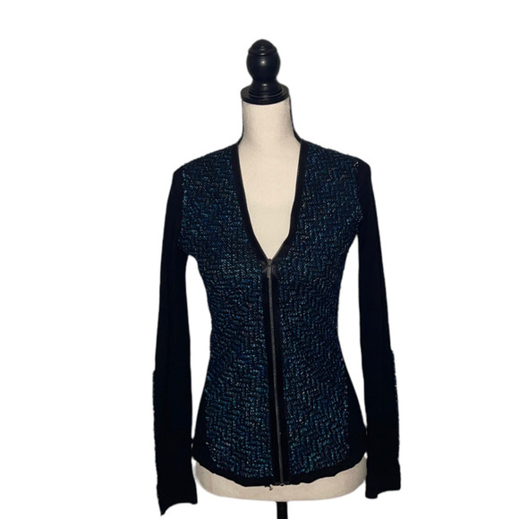 ELLIE Tahari Top Blue Black Twill Wool Blend Zippered Elbow Patch Womens X Small - Picture 11 of 12